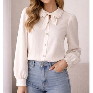 Zara Cream Button-Up Blouse with Peter Pan Collar And Bow Size S - Call Outs